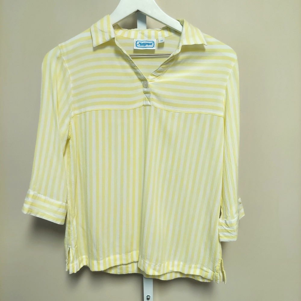 National Pastel Yellow Stripe‎ Collar Blouse 3/4 Sleeve Top PS Preppy Nautical